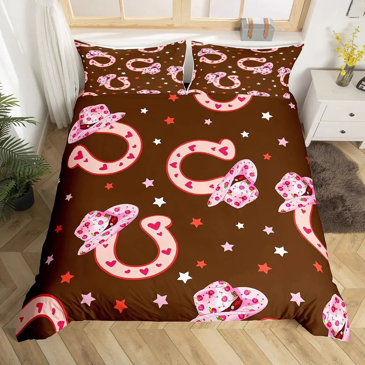 Rustic Farmhouse Bedding Set Western Horseshoe Duvet Cover For Boys Girls Teen Cowboys Cowgirls Quilt Cover With 2 Pillow Cases