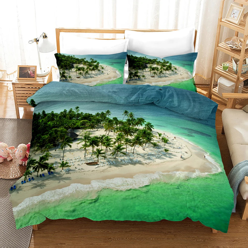 Beach Duvet Cover Set Polyester Tropical Island with The Palm Tree and Sea Beach Nature Theme Double Queen King Size Quilt Cover