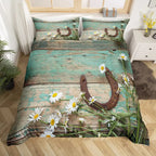 Rustic Farmhouse Bedding Set Western Horseshoe Duvet Cover For Boys Girls Teen Cowboys Cowgirls Quilt Cover With 2 Pillow Cases