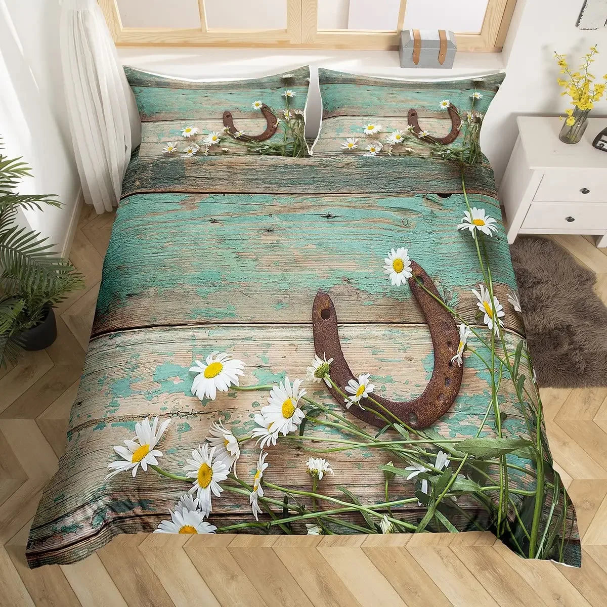 Rustic Farmhouse Bedding Set Western Horseshoe Duvet Cover For Boys Girls Teen Cowboys Cowgirls Quilt Cover With 2 Pillow Cases