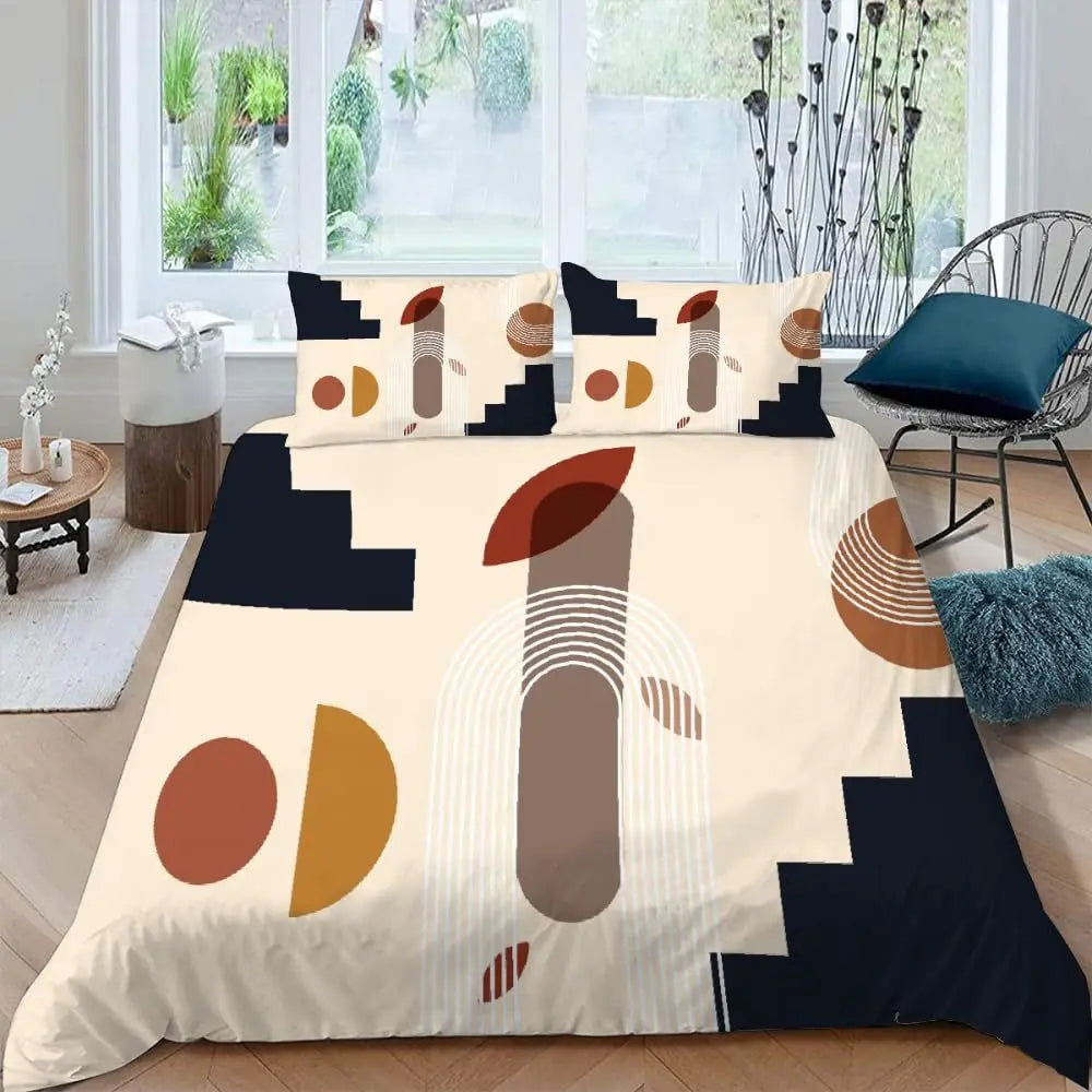 Mid Century Modern Duvet Cover Set King Abstract Geometric Balance Shapes Rainbow Sun Circles Boho Comforter Cover Bedding Sets