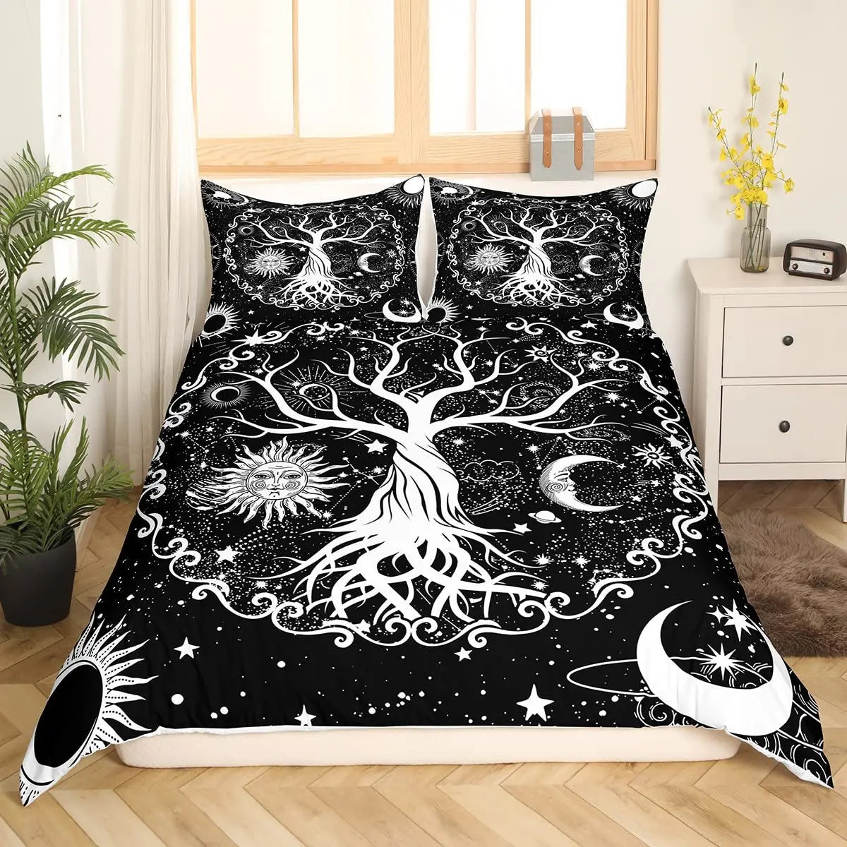 Sun and Moon Duvet Cover Black and White Bedding Soft Tree of Life All Galaxy Stars Mandala Tribal Quilt Cover Decor for Women