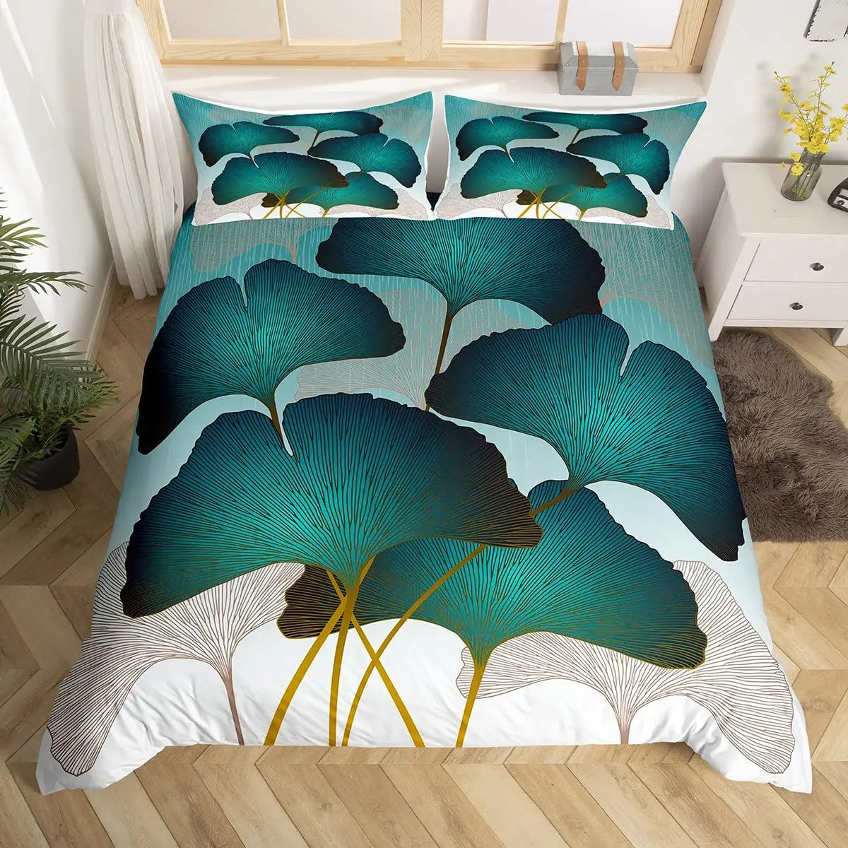 Ginkgo Leaf Duvet Cover Queen Natural Botanical Bedding Set Plants Rustic Farmhouse Comforter Cover Abstract Leaves Quilt Cover