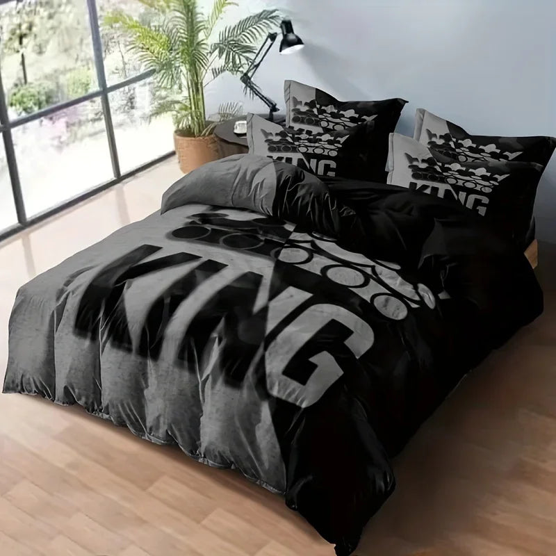 Grey & Black Pattern King Duvet Cover Set