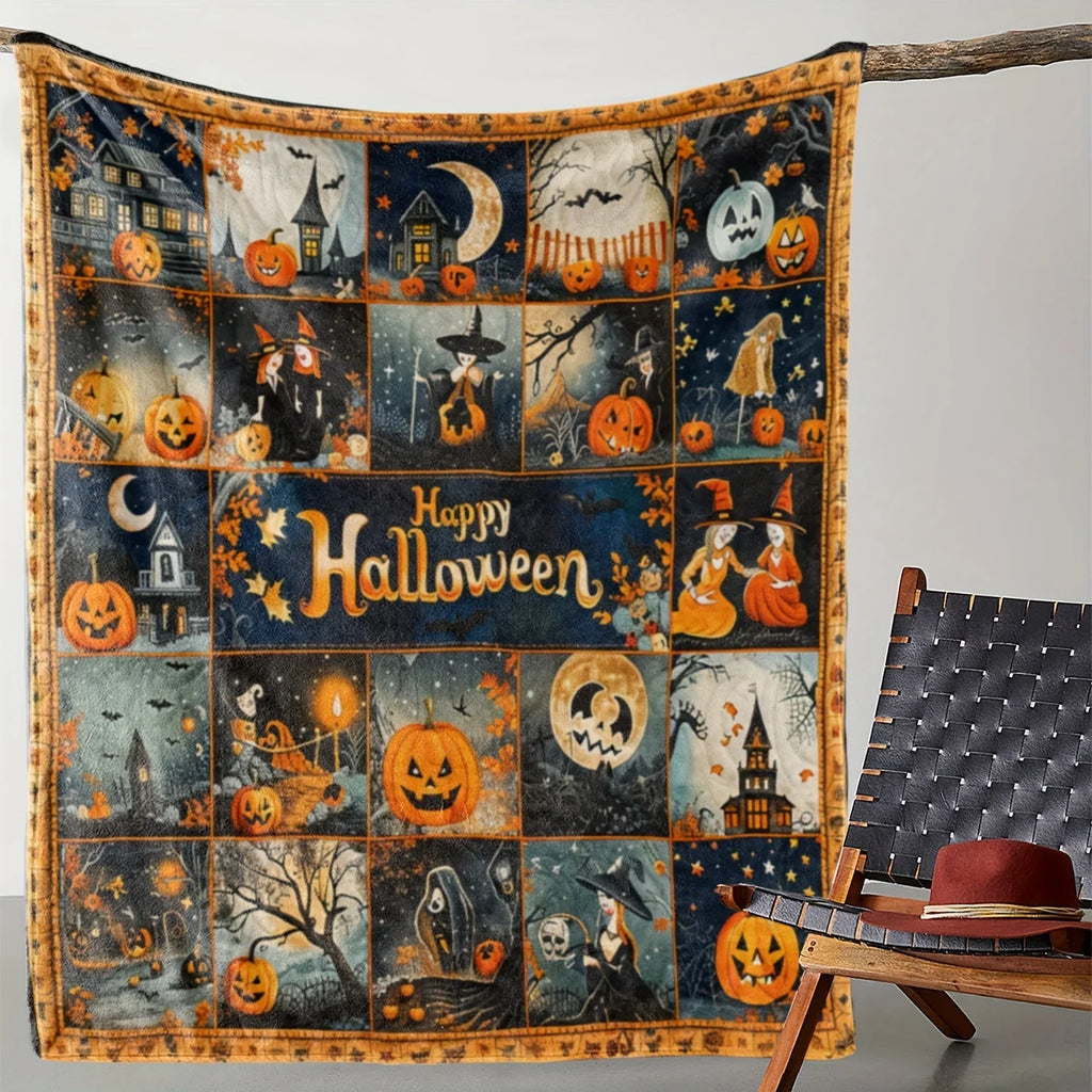 Vintage Halloween Pumpkin & Witch Flannel Throw Blanket