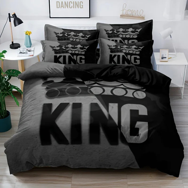 Grey & Black Pattern King Duvet Cover Set