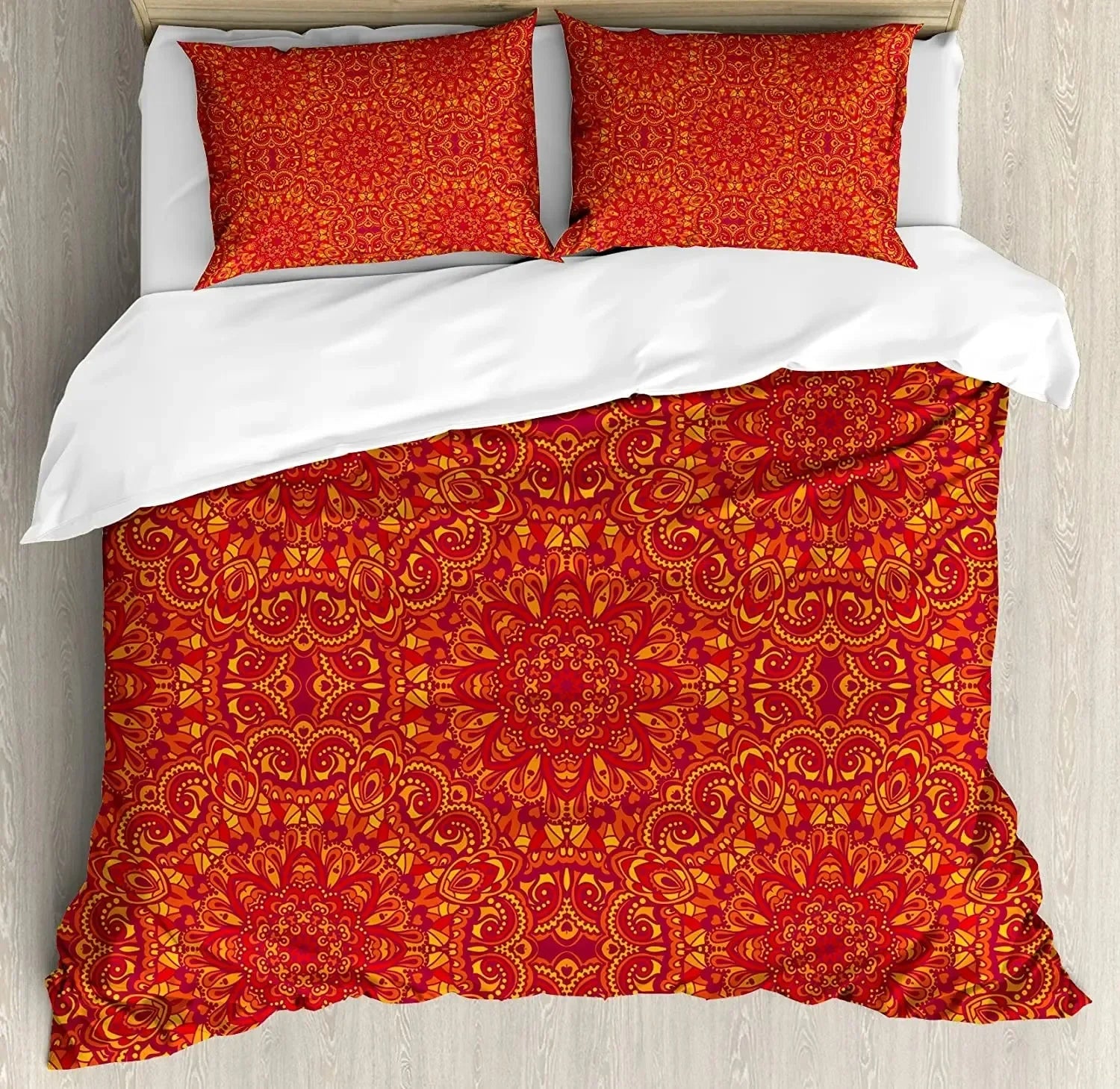South Mandala Floral Duvet Cover Set,Vibrant Color Ornamental Illustration Bedding Set Bohemian Mandala Lotus Design Quilt Cover