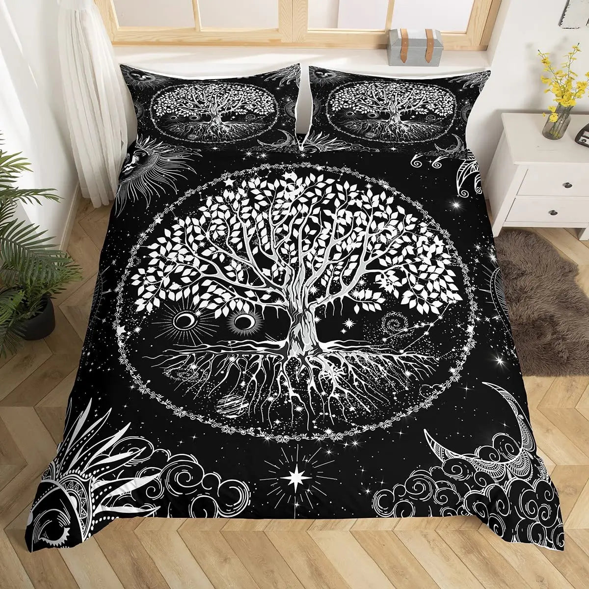 Sun and Moon Duvet Cover Black and White Bedding Soft Tree of Life All Galaxy Stars Mandala Tribal Quilt Cover Decor for Women