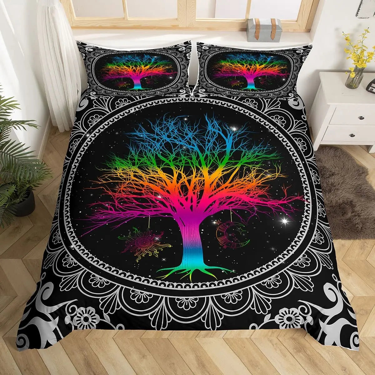 Sun and Moon Duvet Cover Black and White Bedding Soft Tree of Life All Galaxy Stars Mandala Tribal Quilt Cover Decor for Women