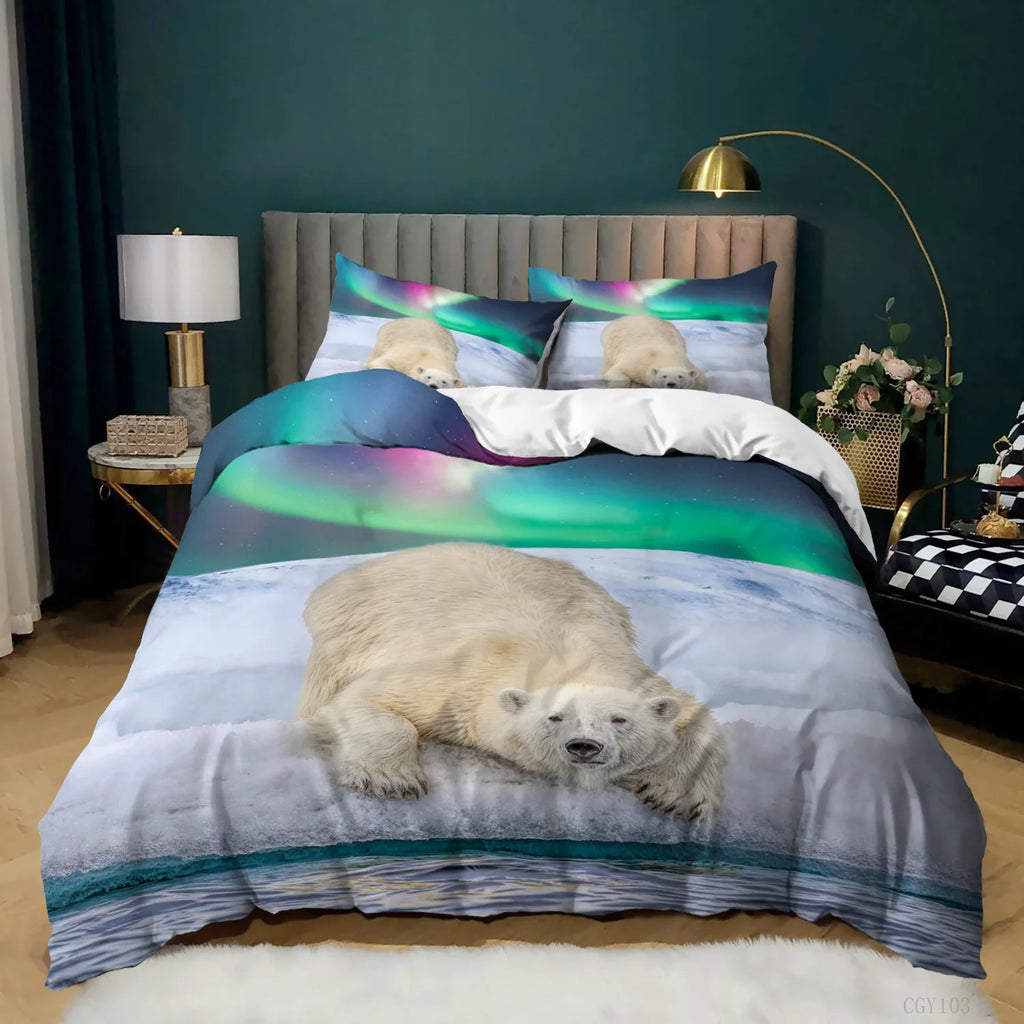 Aurora Borealis Polyester Duvet Cover Set Tree Under Magnetic Field Of Nature With Northern Lights Landscape Picture King Size