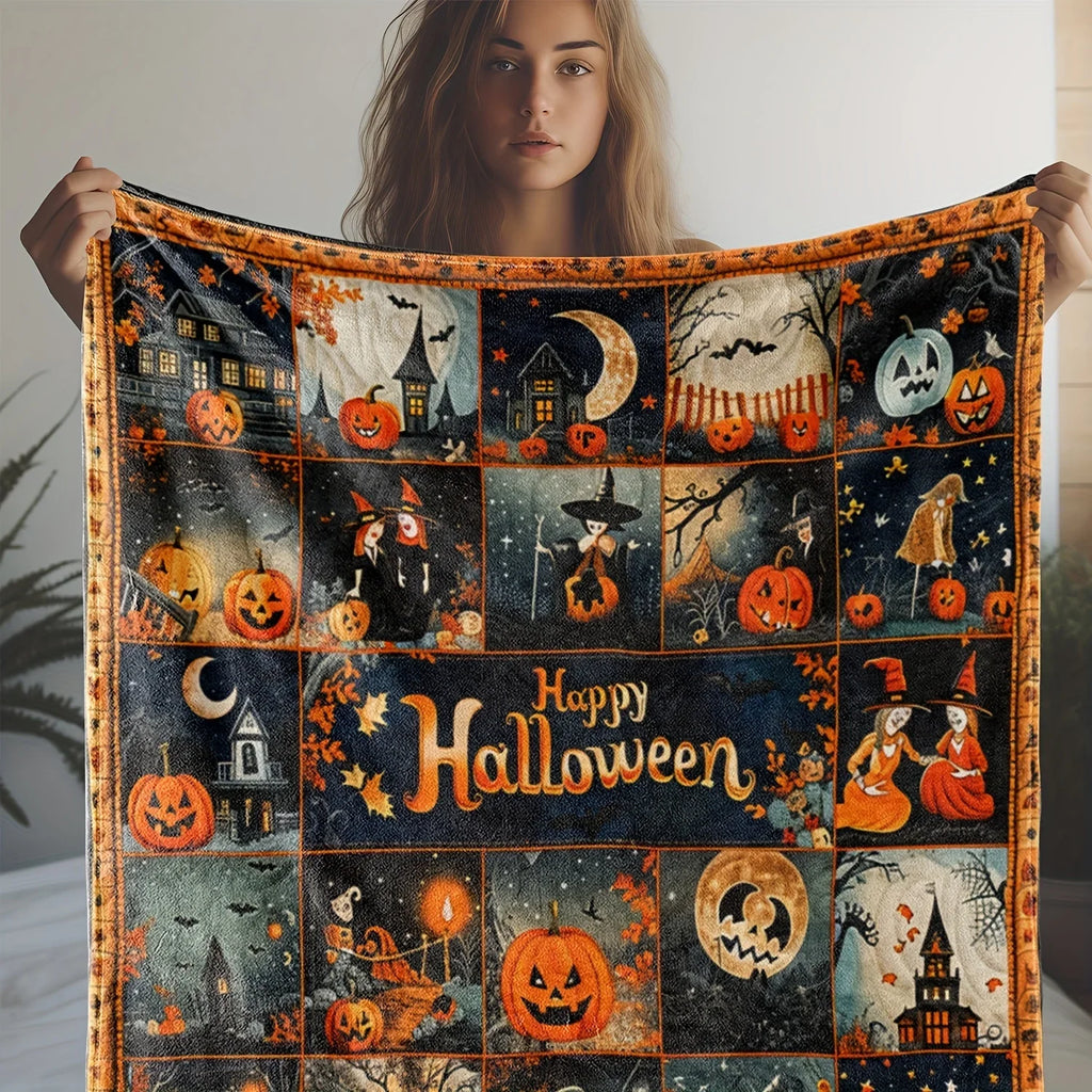 Vintage Halloween Pumpkin & Witch Flannel Throw Blanket