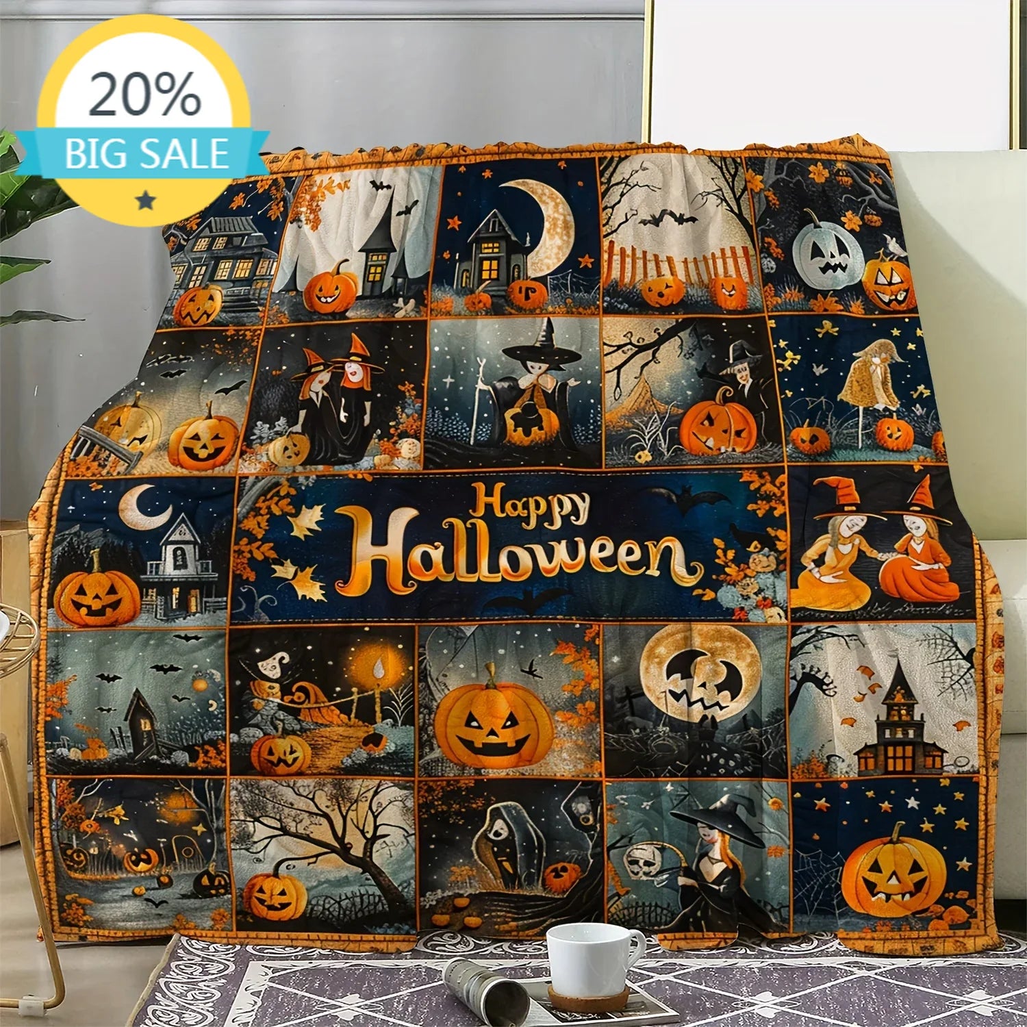 Vintage Halloween Pumpkin & Witch Flannel Throw Blanket